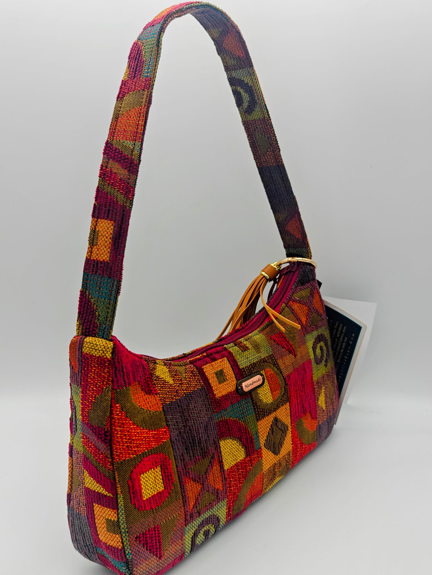 Red Handmade Boutique Style Baguette Upcycled Handbag Purse Is A One Of A Kind Single Compartment Colorful Fabric Shoulder Bag