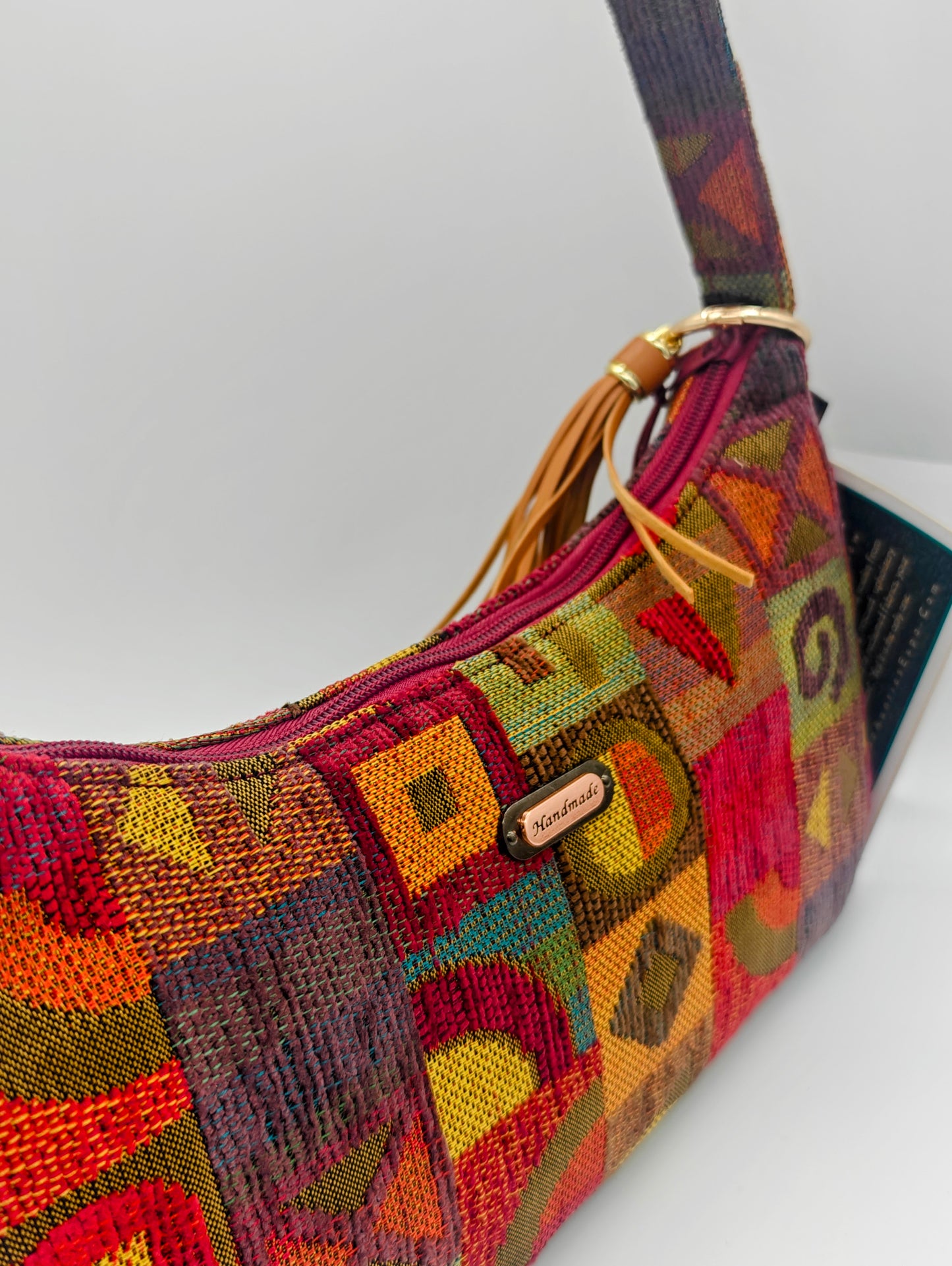 Red Handmade Boutique Style Baguette Upcycled Handbag Purse Is A One Of A Kind Single Compartment Colorful Fabric Shoulder Bag