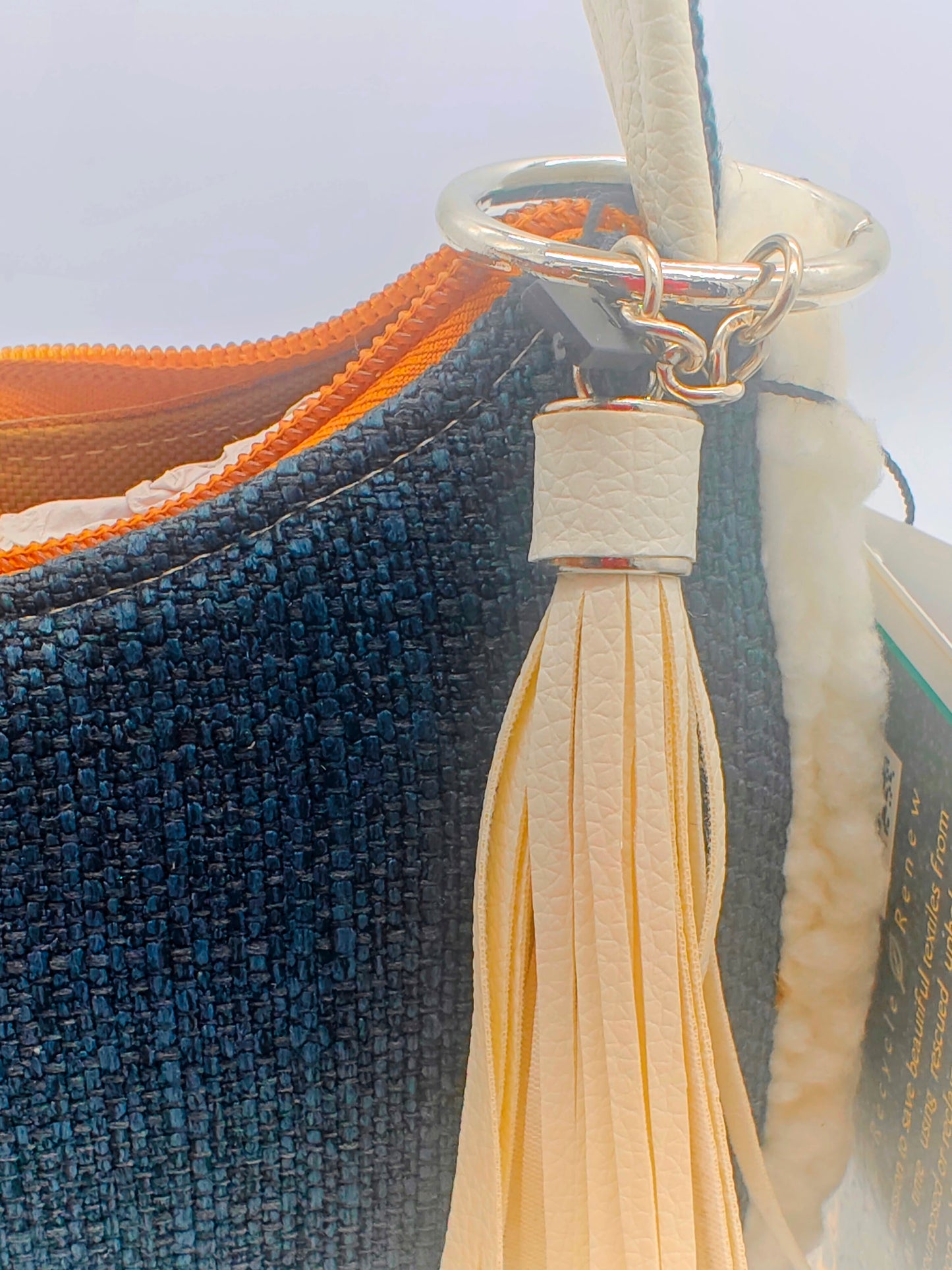Navy And Sherpa Handmade Boutique Style Baguette Upcycled Handbag Purse Is A Colorful Fabric One Of A Kind Single Compartment Shoulder Bag