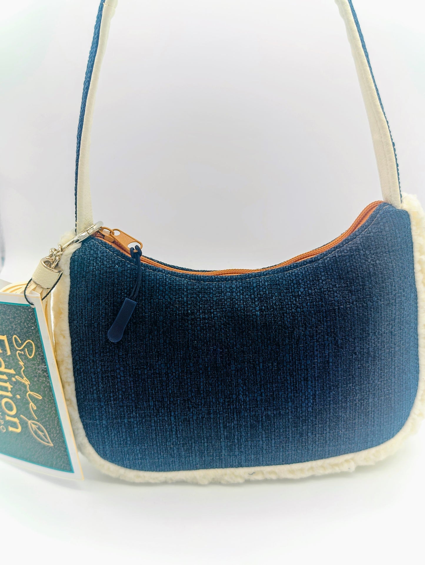 Navy And Sherpa Handmade Boutique Style Baguette Upcycled Handbag Purse Is A Colorful Fabric One Of A Kind Single Compartment Shoulder Bag