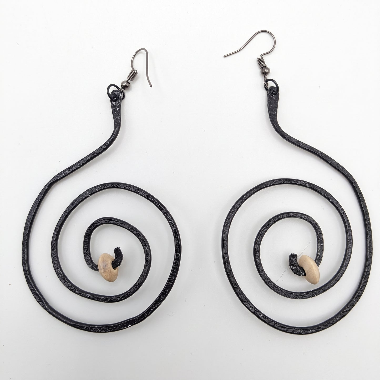 Spiral hammered Earrings Light weight wood bead accent Boho dangle earrings