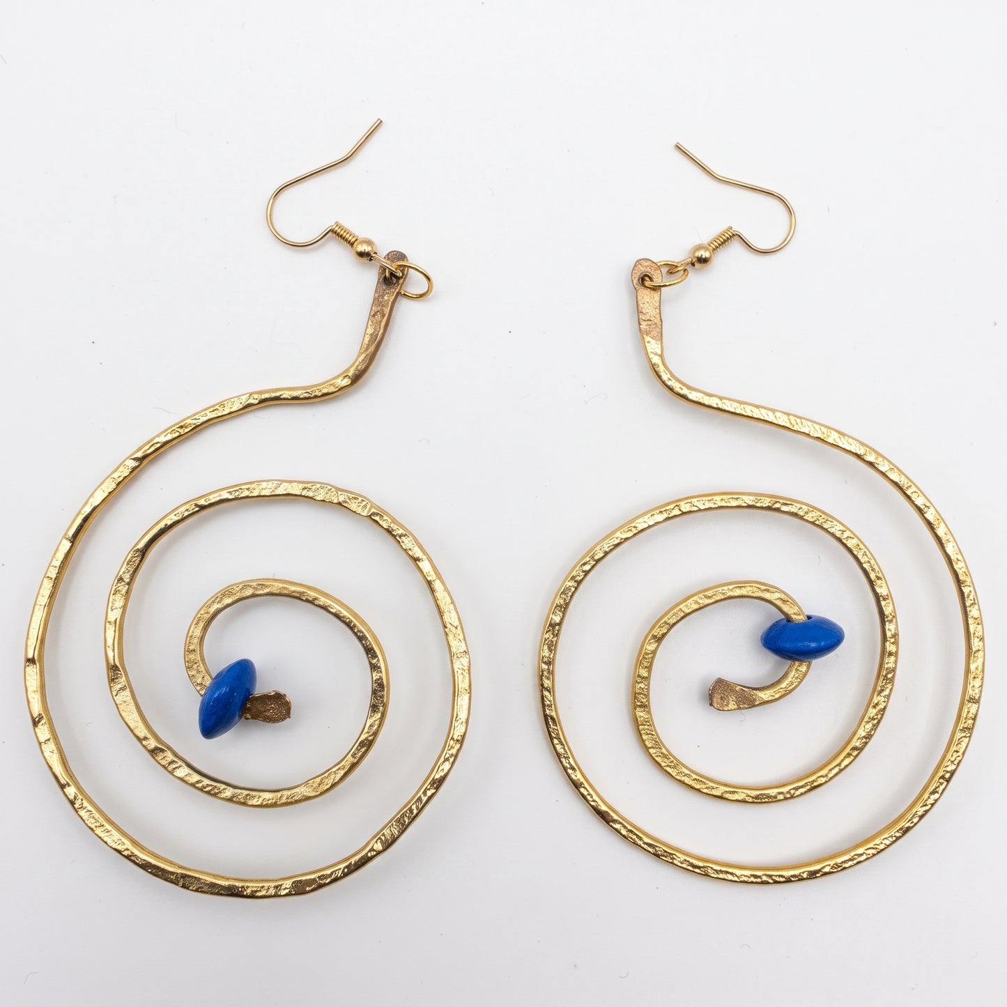 Spiral hammered Earrings Light weight wood bead accent Boho dangle earrings
