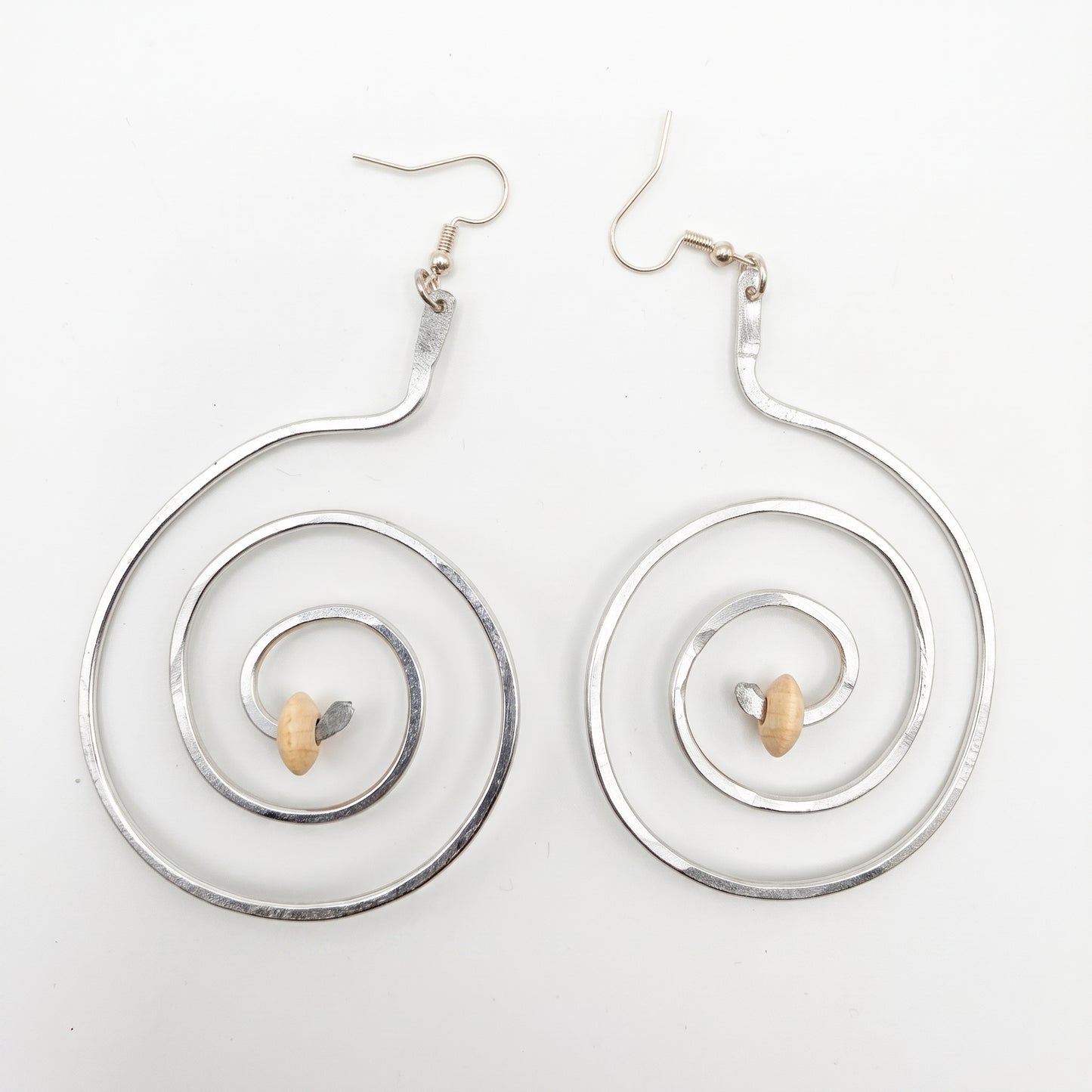 Spiral hammered Earrings Light weight wood bead accent Boho dangle earrings