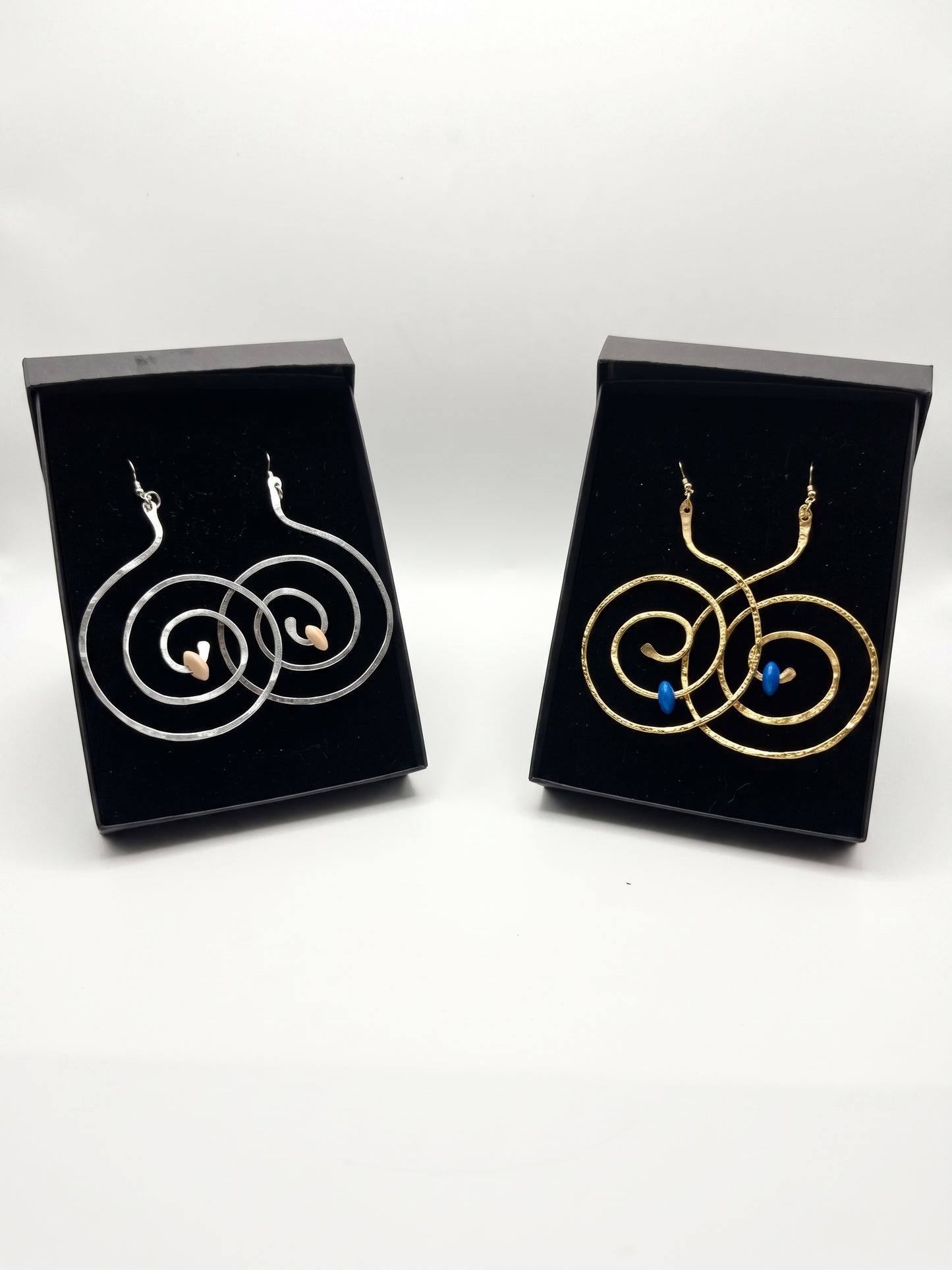 Spiral hammered Earrings Light weight wood bead accent Boho dangle earrings