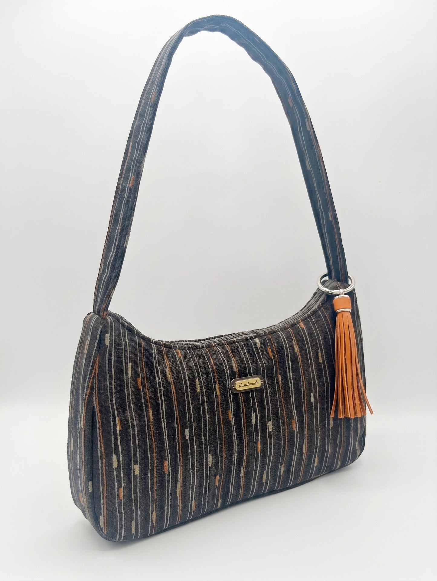 Black Handmade Boutique Style Baguette Upcycled Handbag Graphite Purse Is A One Of A Kind Single Compartment Colorful Fabric Shoulder Bag
