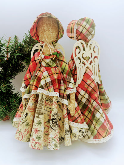 "Holly" Traditional Ornament, Old Fashion Christmas Angel, Soft sculpt Doll, Handmade Christmas Angel Tree Topper, Plaid Christmas Ornaments
