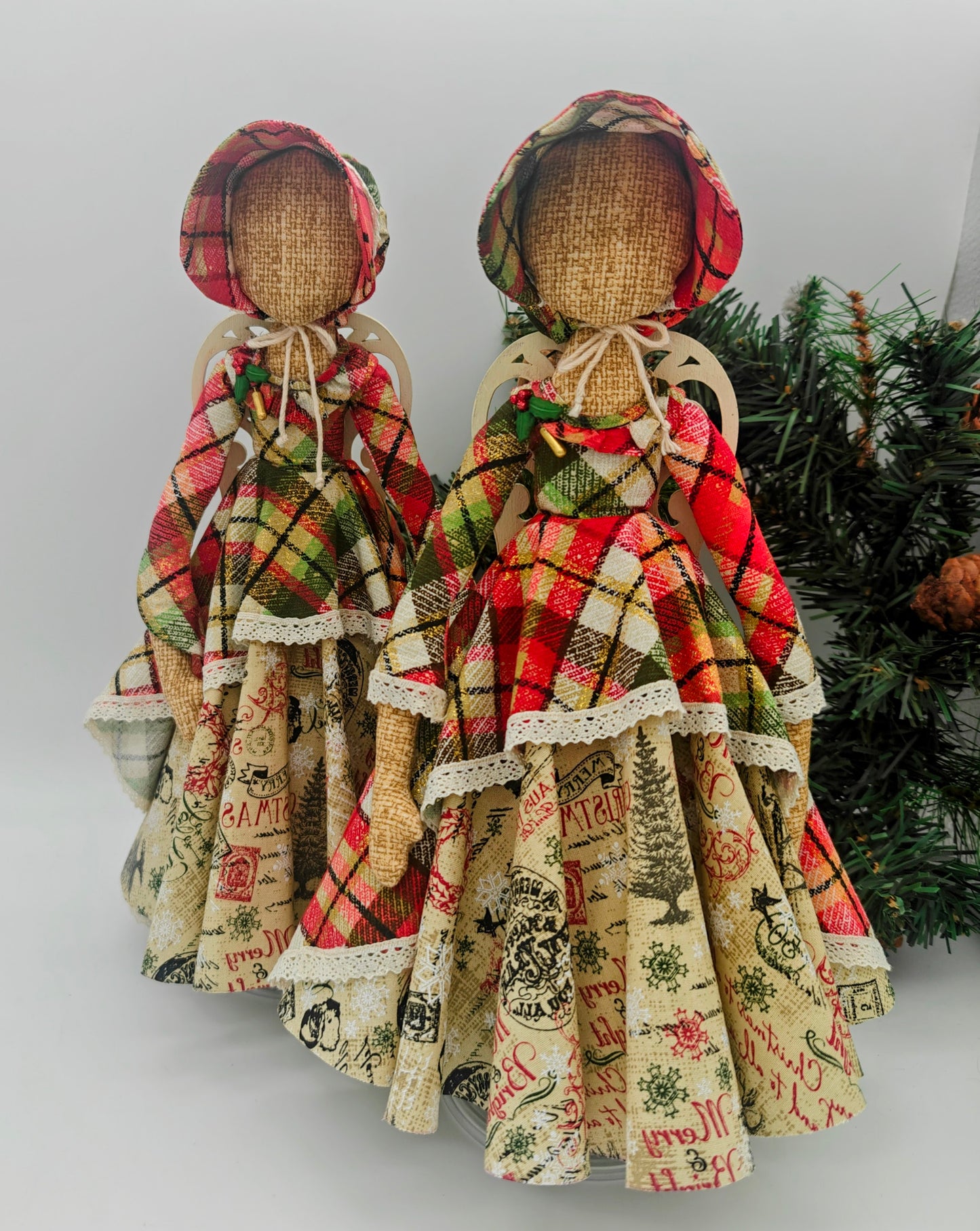 "Holly" Traditional Ornament, Old Fashion Christmas Angel, Soft sculpt Doll, Handmade Christmas Angel Tree Topper, Plaid Christmas Ornaments