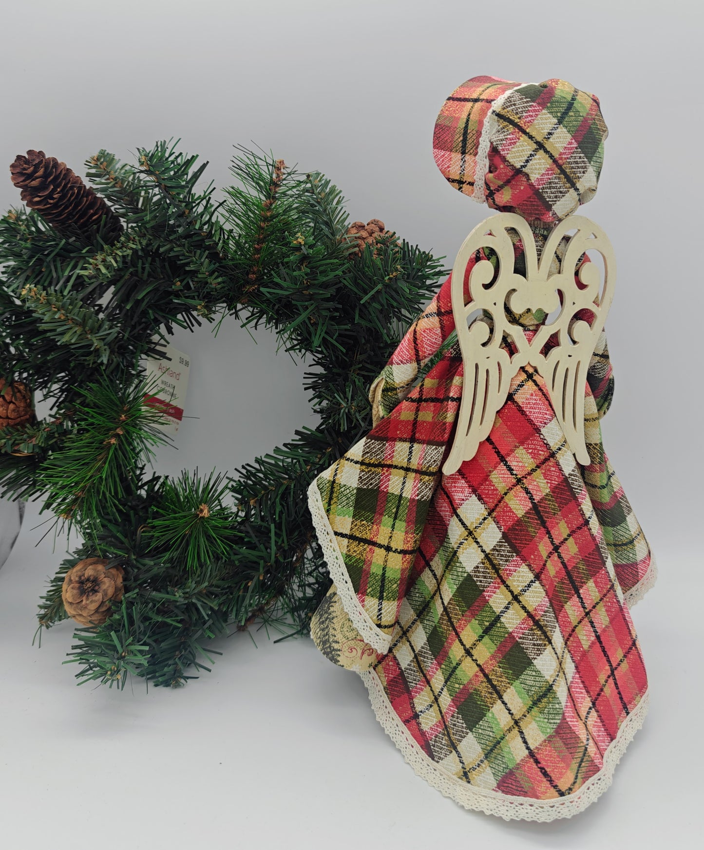 "Holly" Traditional Ornament, Old Fashion Christmas Angel, Soft sculpt Doll, Handmade Christmas Angel Tree Topper, Plaid Christmas Ornaments