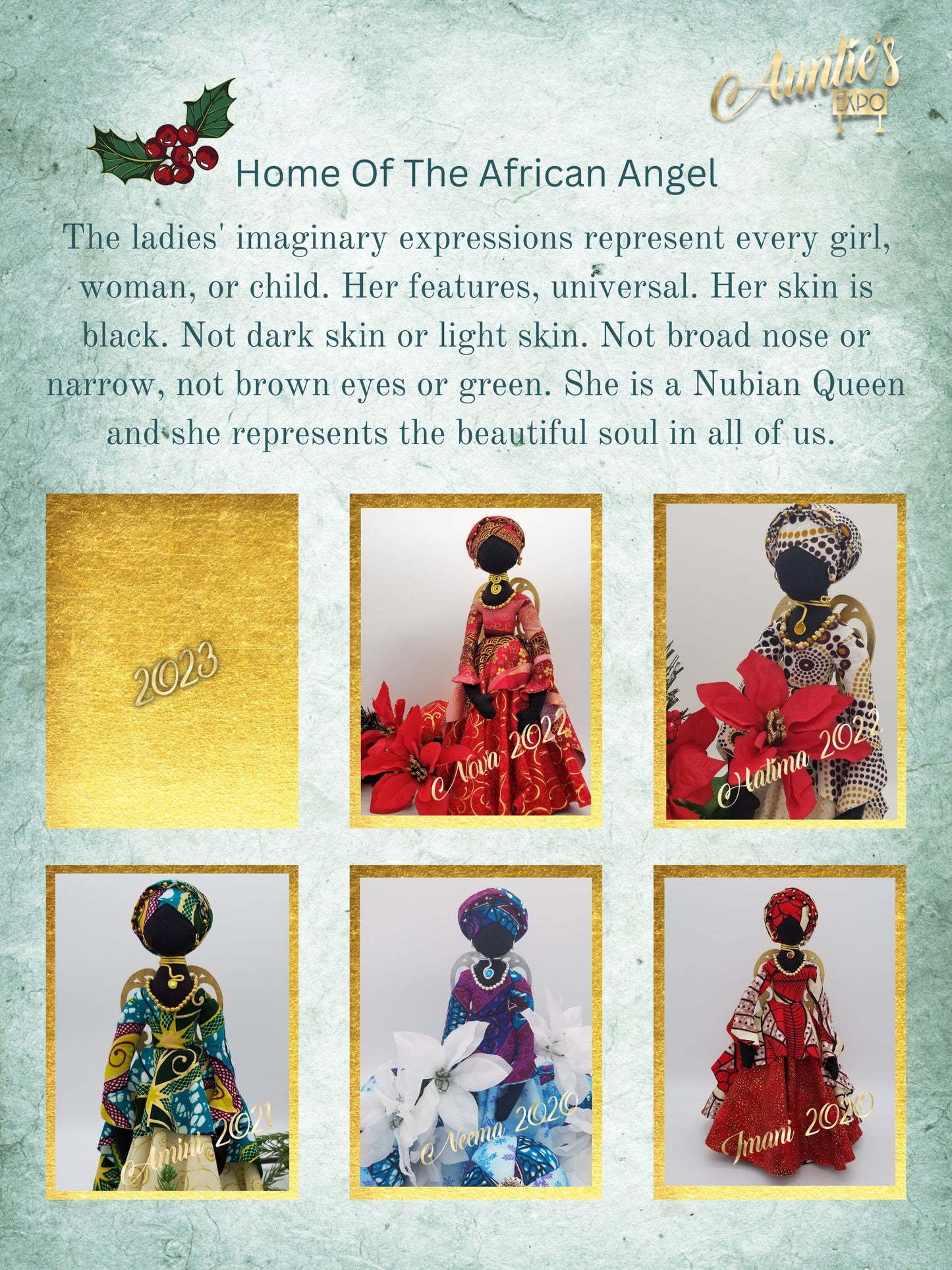 "AMANI" Black Christmas Angel, And Kwanzaa Ornament Set, African American Angel For Tree Top, Black Doll For Year Round Display