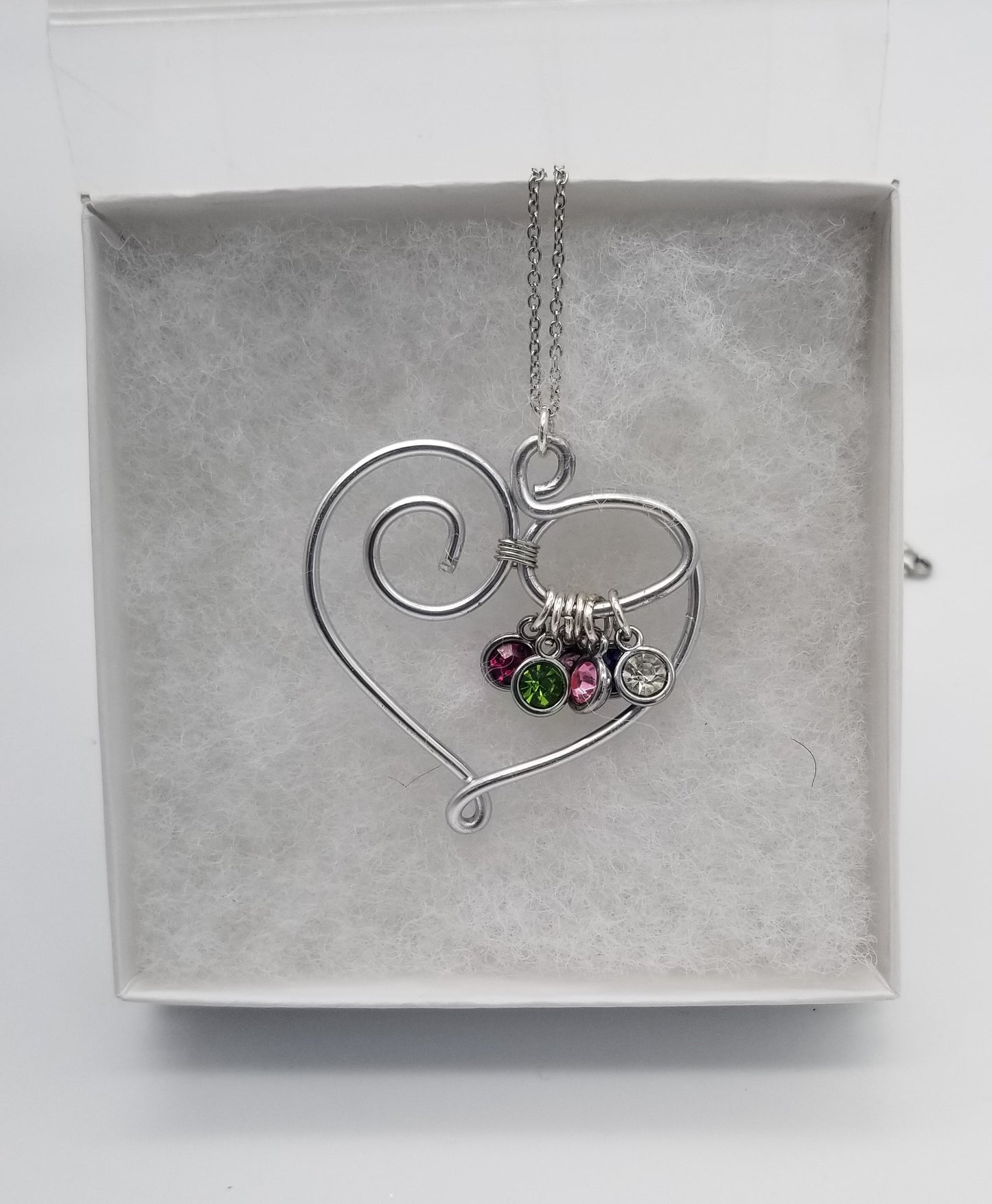 Silver Swirl Heart Wire Wrap Pendant with Necklace with Birthstone Personalization, for Valentine's Day,  Mother's gift, Gift for her. Grandmother's gift.