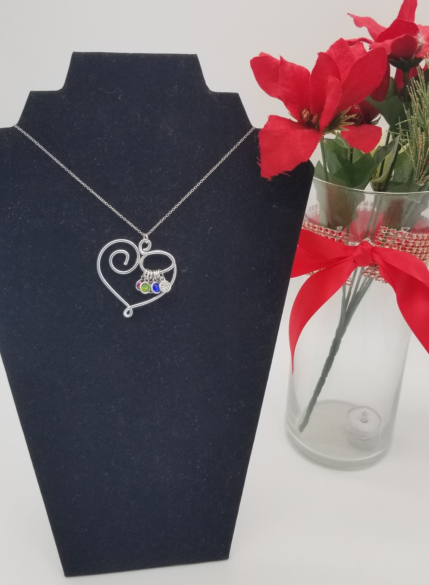 Silver Swirl Heart Wire Wrap Pendant with Necklace with Birthstone Personalization, for Valentine's Day,  Mother's gift, Gift for her. Grandmother's gift.