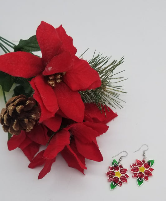 Christmas Poinsettia Earrings - Red Poinsettia Dangle Earrings - Resin Poinsettia Flower Earrings For Holiday Jewerly