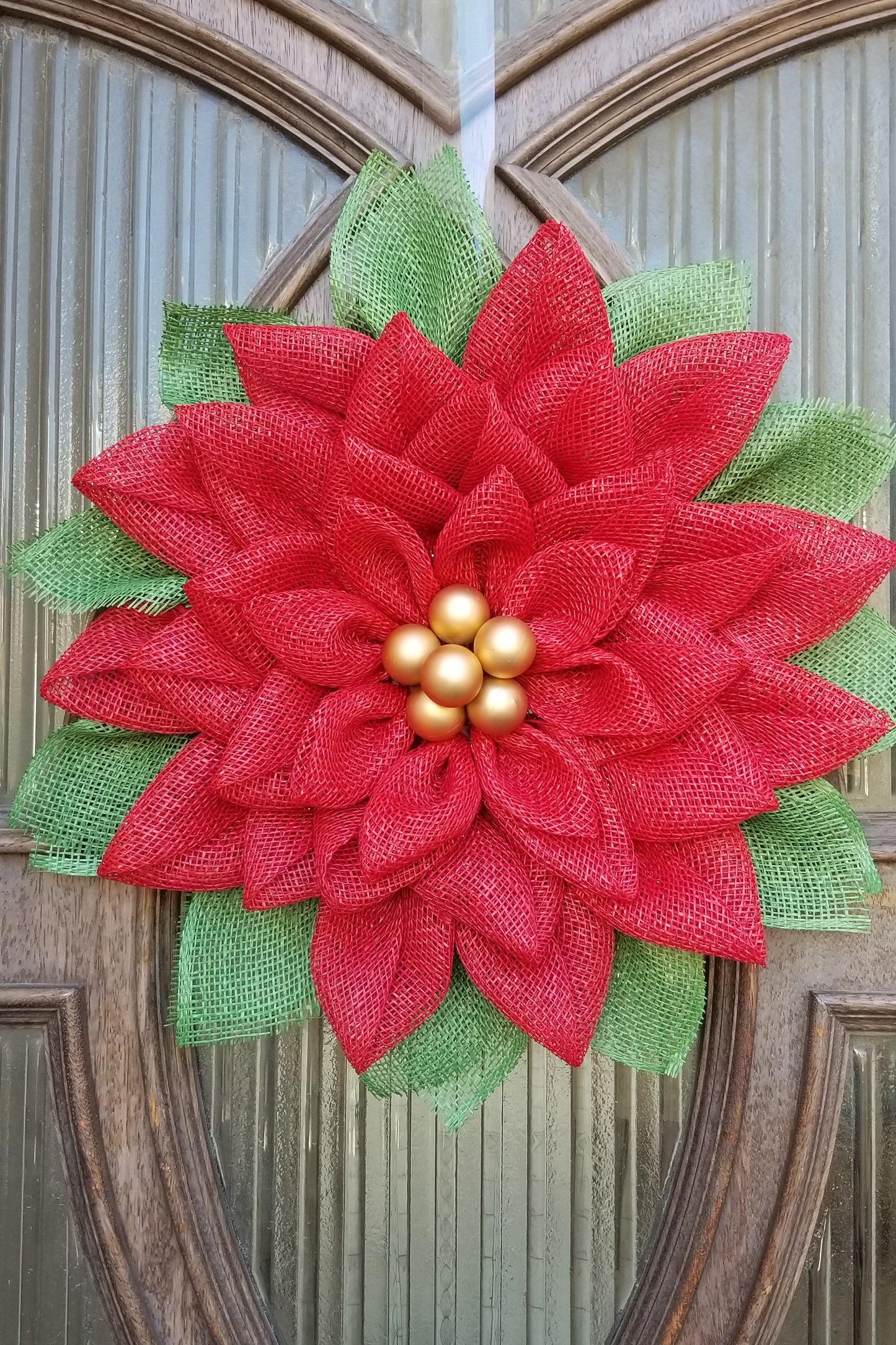 Poinsettia Christmas Wreath. Front Door Wreath For The Holidays. Red Poly Burlap Mesh Christmas Wreath.