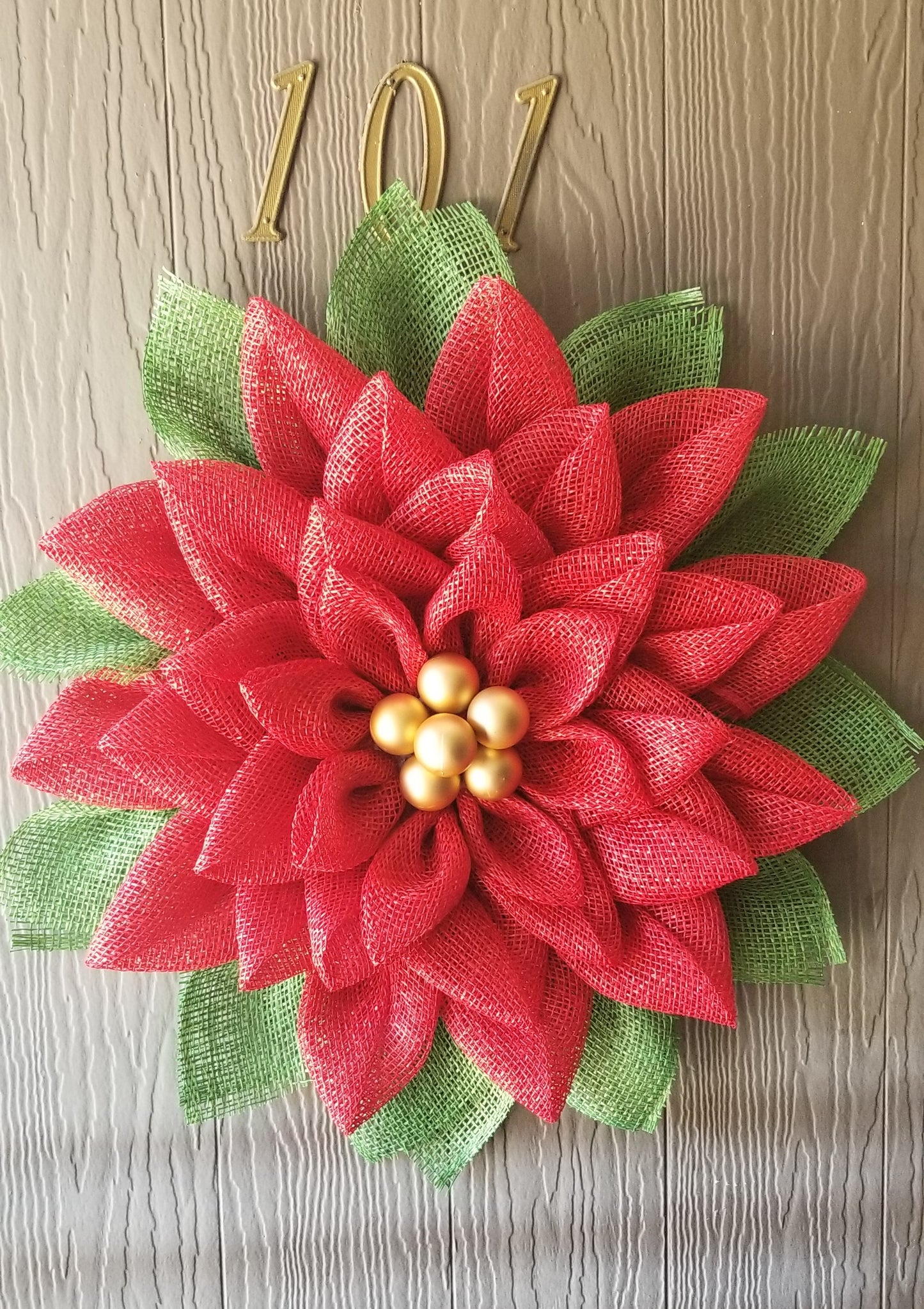 Poinsettia Christmas Wreath. Front Door Wreath For The Holidays. Red Poly Burlap Mesh Christmas Wreath.