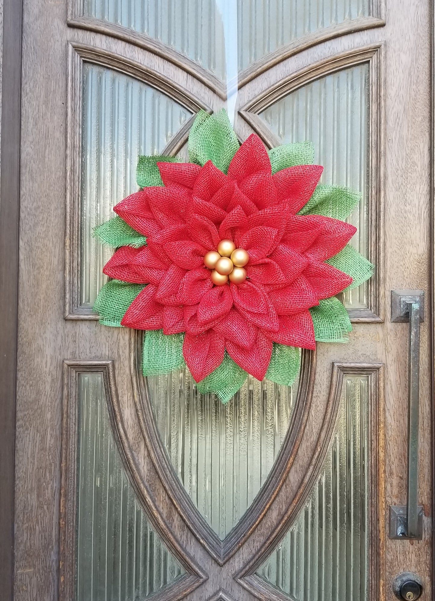 Poinsettia Christmas Wreath. Front Door Wreath For The Holidays. Red Poly Burlap Mesh Christmas Wreath.