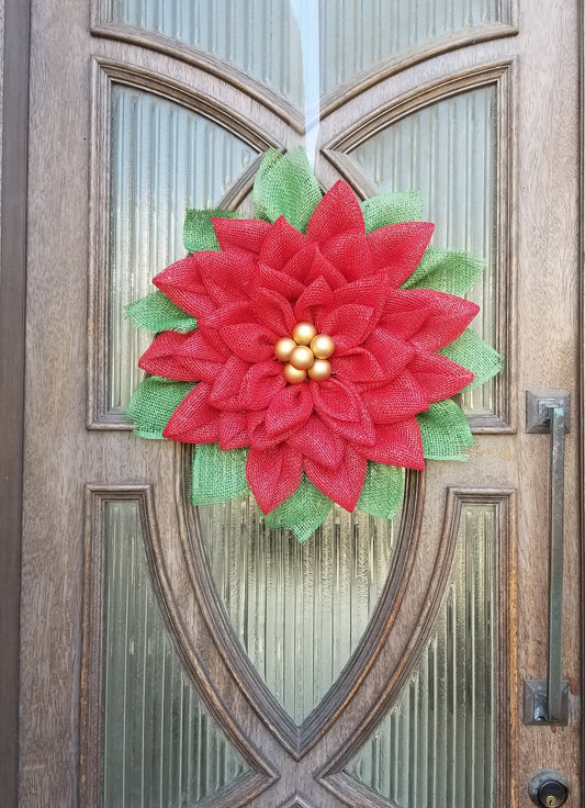 Poinsettia Christmas Wreath. Front Door Wreath For The Holidays. Red Poly Burlap Mesh Christmas Wreath.