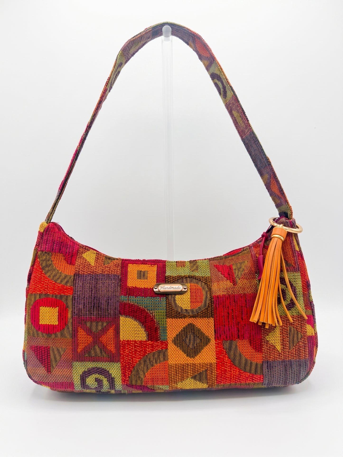 Red Handmade Boutique Style Baguette Upcycled Handbag Purse Is A One Of A Kind Single Compartment Colorful Fabric Shoulder Bag