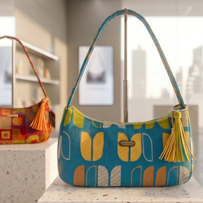 Blue Retro Handmade Boutique Style Baguette Upcycled Handbag Turquoise Purse Is A One Of A Kind Single Compartment Colorful Fabric Shoulder Bag