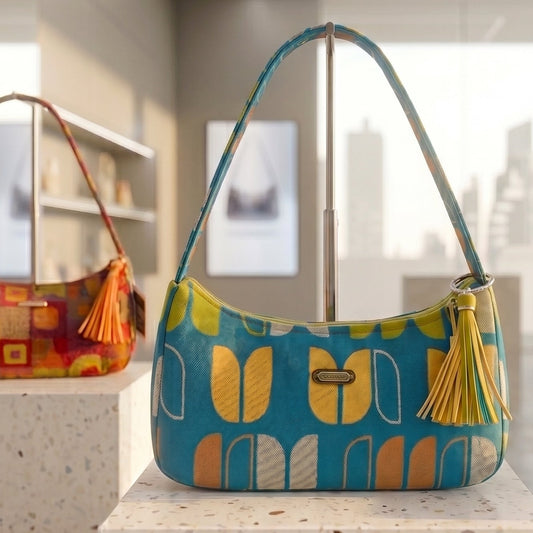 Blue Retro Handmade Boutique Style Baguette Upcycled Handbag Turquoise Purse Is A One Of A Kind Single Compartment Colorful Fabric Shoulder Bag