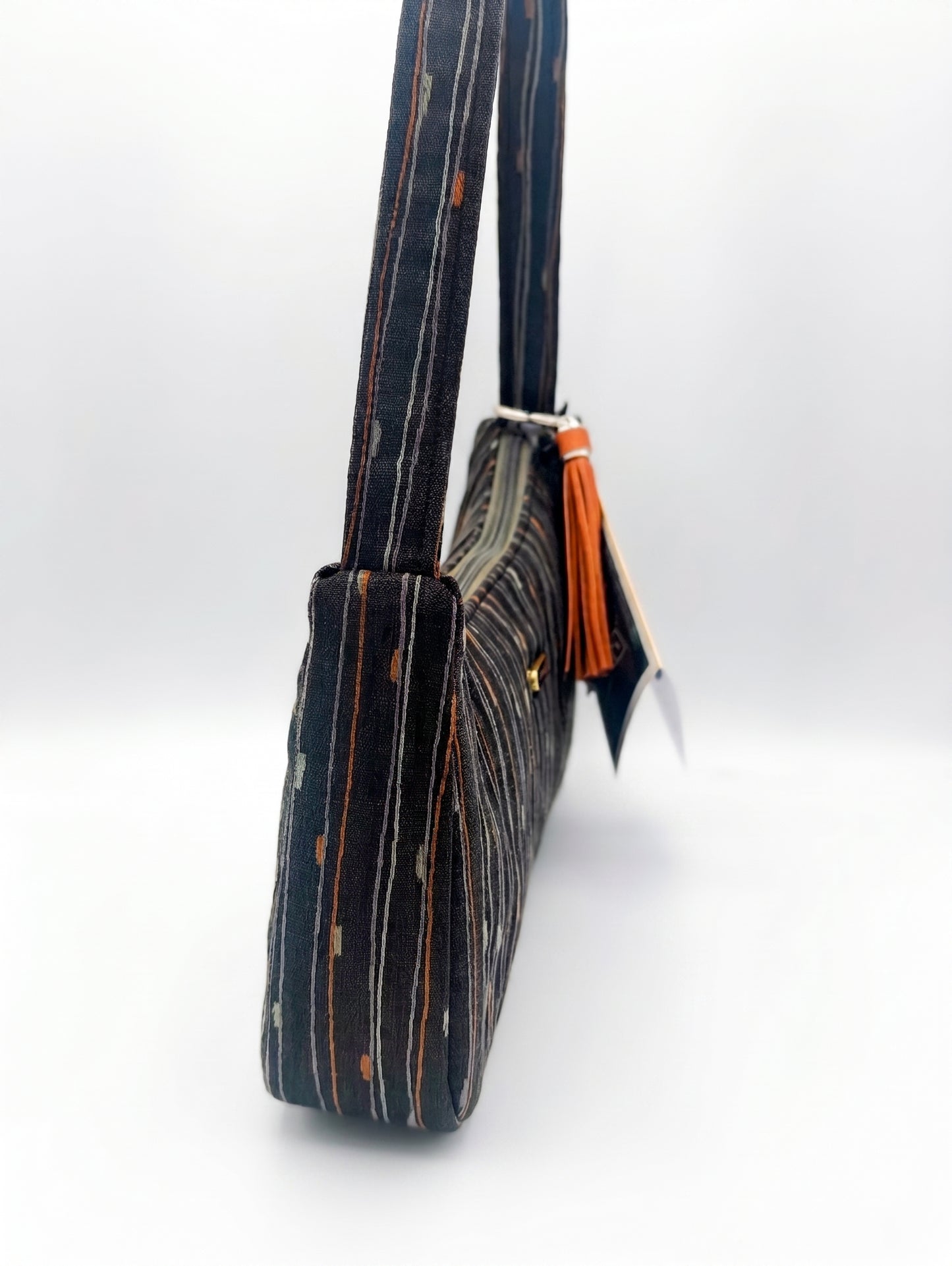 Black Handmade Boutique Style Baguette Upcycled Handbag Graphite Purse Is A One Of A Kind Single Compartment Colorful Fabric Shoulder Bag