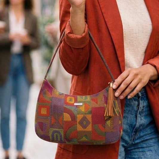 Red Handmade Boutique Style Baguette Upcycled Handbag Purse Is A One Of A Kind Single Compartment Colorful Fabric Shoulder Bag