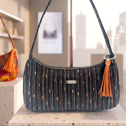 Black Handmade Boutique Style Baguette Upcycled Handbag Graphite Purse Is A One Of A Kind Single Compartment Colorful Fabric Shoulder Bag