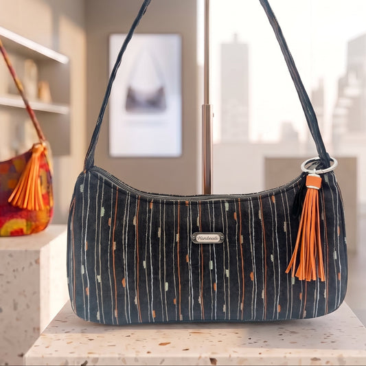 Black Handmade Boutique Style Baguette Upcycled Handbag Graphite Purse Is A One Of A Kind Single Compartment Colorful Fabric Shoulder Bag