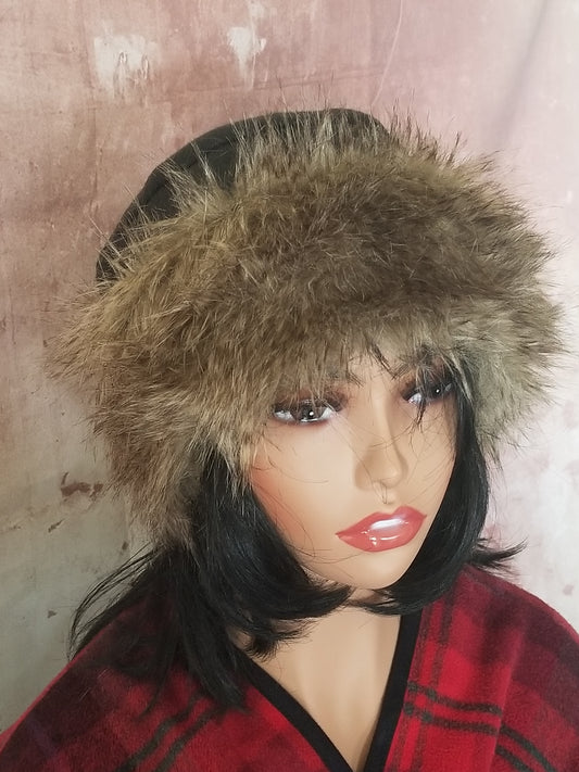 Black Winter Hat With Faux Fur Trim| Lined Fur Hat for Winter