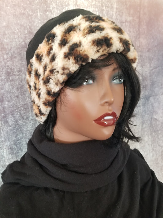 Leopard Print Hat With Black Fleece| Hat With Sherpa Trim| Lined Sherpa Hat for Winter