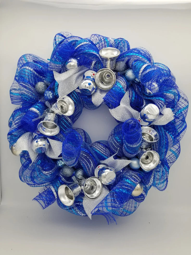 Silver and Blue Christmas Wreath With Remote - Holiday Wreath for front door, Christmas Decorations - Auntie's Expo