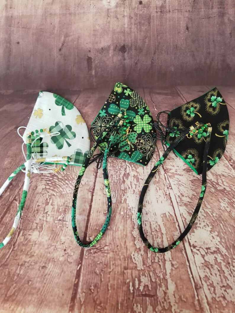 3 Pc. Shamrocks Washable Face Mask and Lanyard Set, Adjustable 4 layer Face Mask and FREE Bag - Auntie's Expo