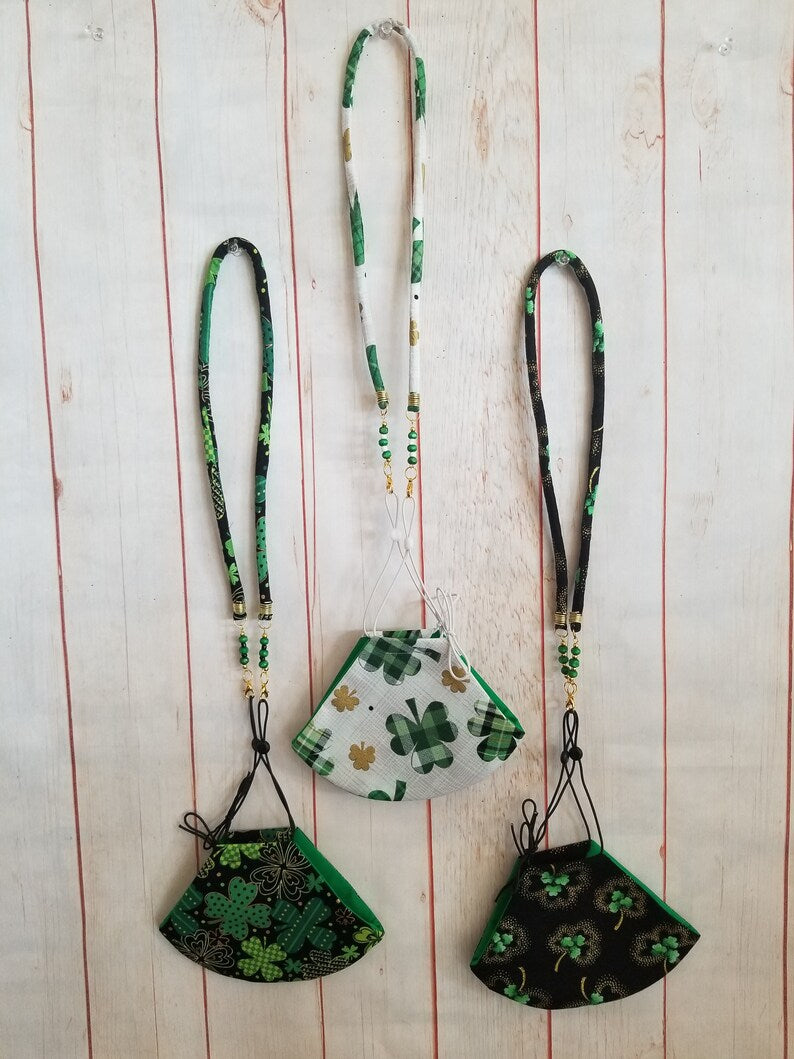 3 Pc. Shamrocks Washable Face Mask and Lanyard Set, Adjustable 4 layer Face Mask and FREE Bag - Auntie's Expo