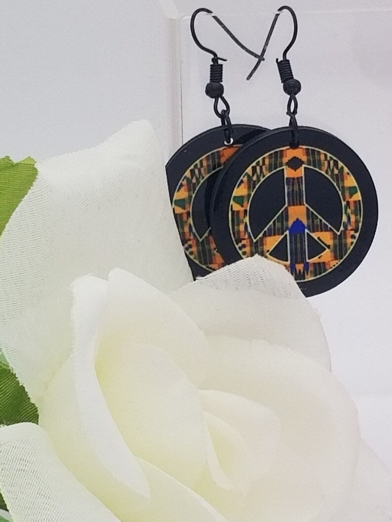 Peace Sign African Earrings, Kente Print Jewelry- Peace Symbol Earrings - Stocking Stuffers - Auntie's Expo