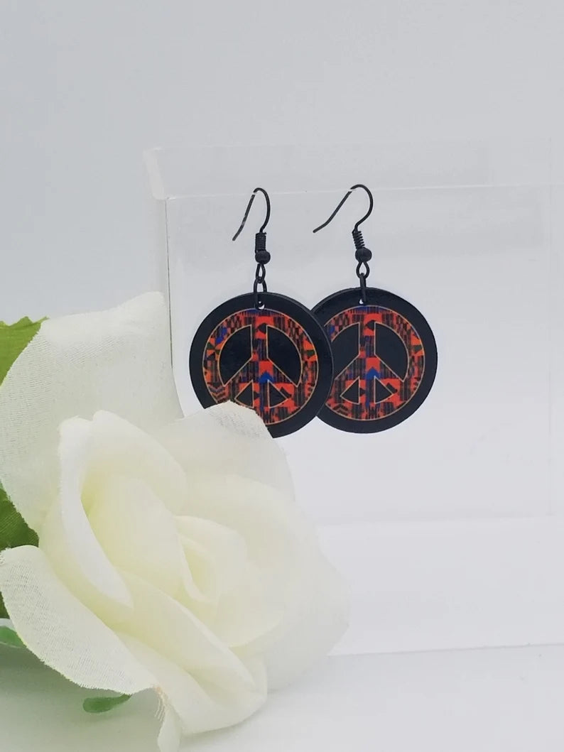 Peace Sign African Earrings, Kente Print Jewelry- Peace Symbol Earrings - Stocking Stuffers - Auntie's Expo