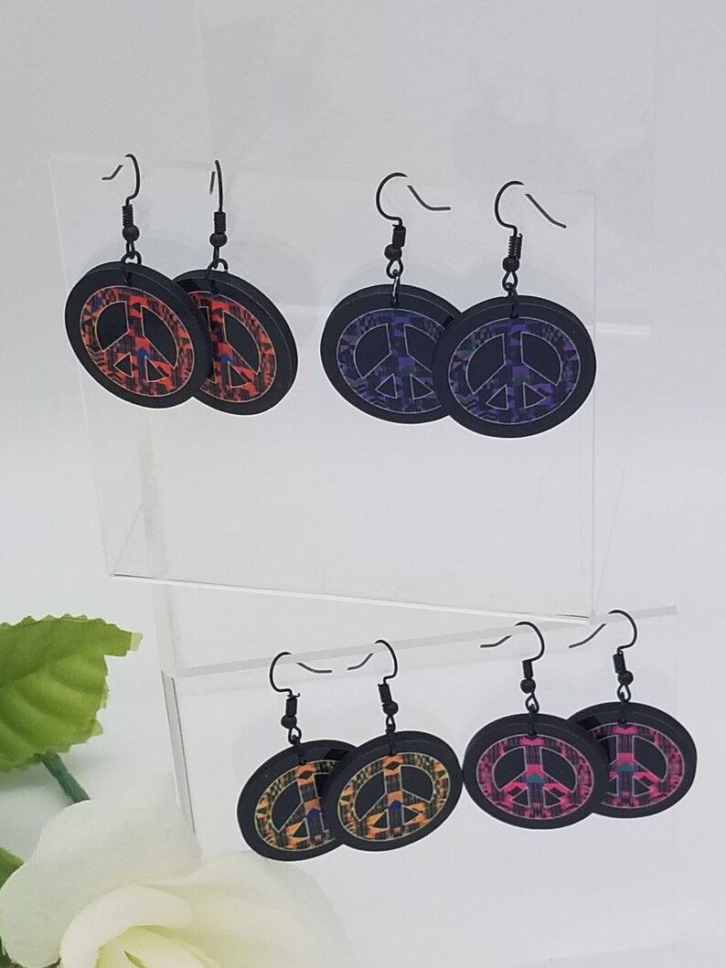 Peace Sign African Earrings, Kente Print Jewelry- Peace Symbol Earrings - Stocking Stuffers - Auntie's Expo