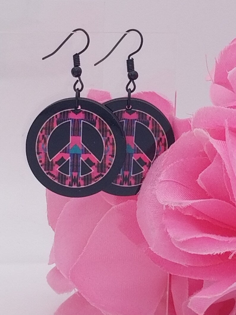 Peace Sign African Earrings, Kente Print Jewelry- Peace Symbol Earrings - Stocking Stuffers - Auntie's Expo