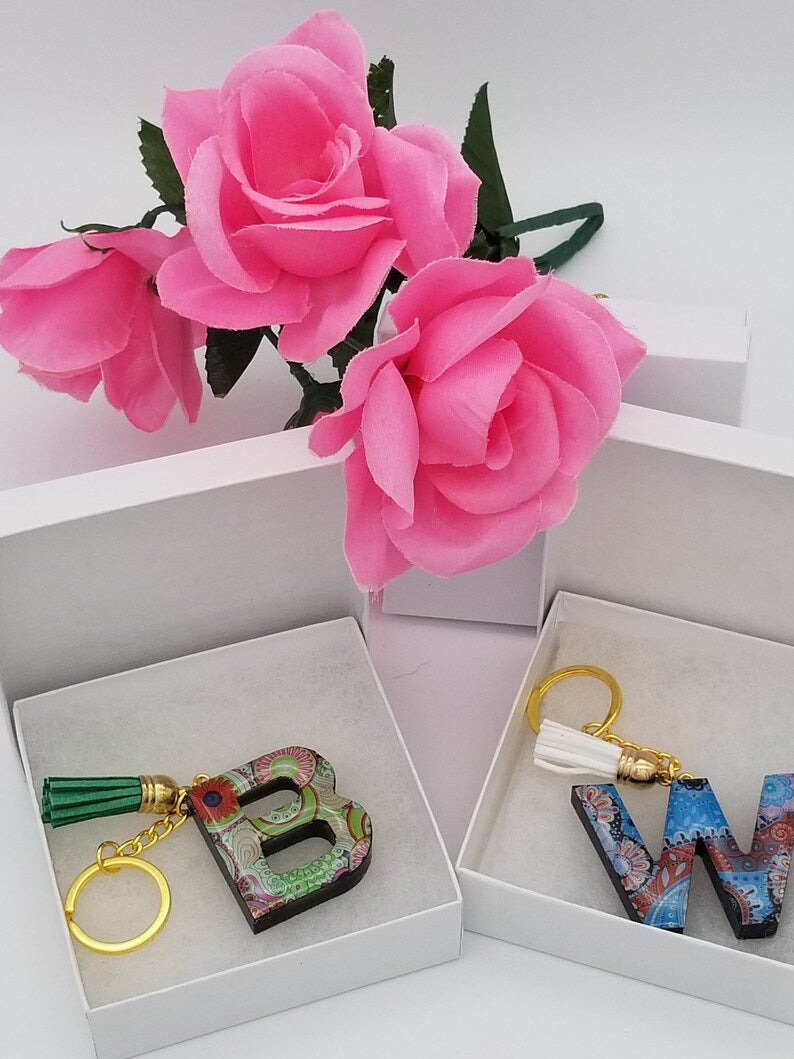 Boho Keychain Personalized Keychain Made With Resin Keychain Custom Letter Stocking Stuffers - Auntie's Expo