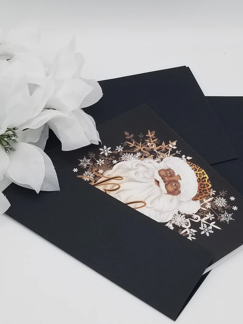 Black Christmas Cards 4 pc - 8 Pc Christmas Greeting Card Set With Black Santa And *Free Metallic Pen - Auntie's Expo