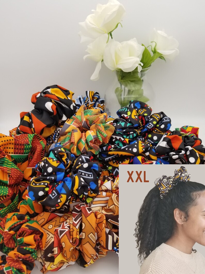 Stocking Stuffers XXL Scrunchies For Locs, African Print Scrunchies, XL Scruchies For Thick Hair, Poly Satin And Silk Scruchies - Auntie's Expo