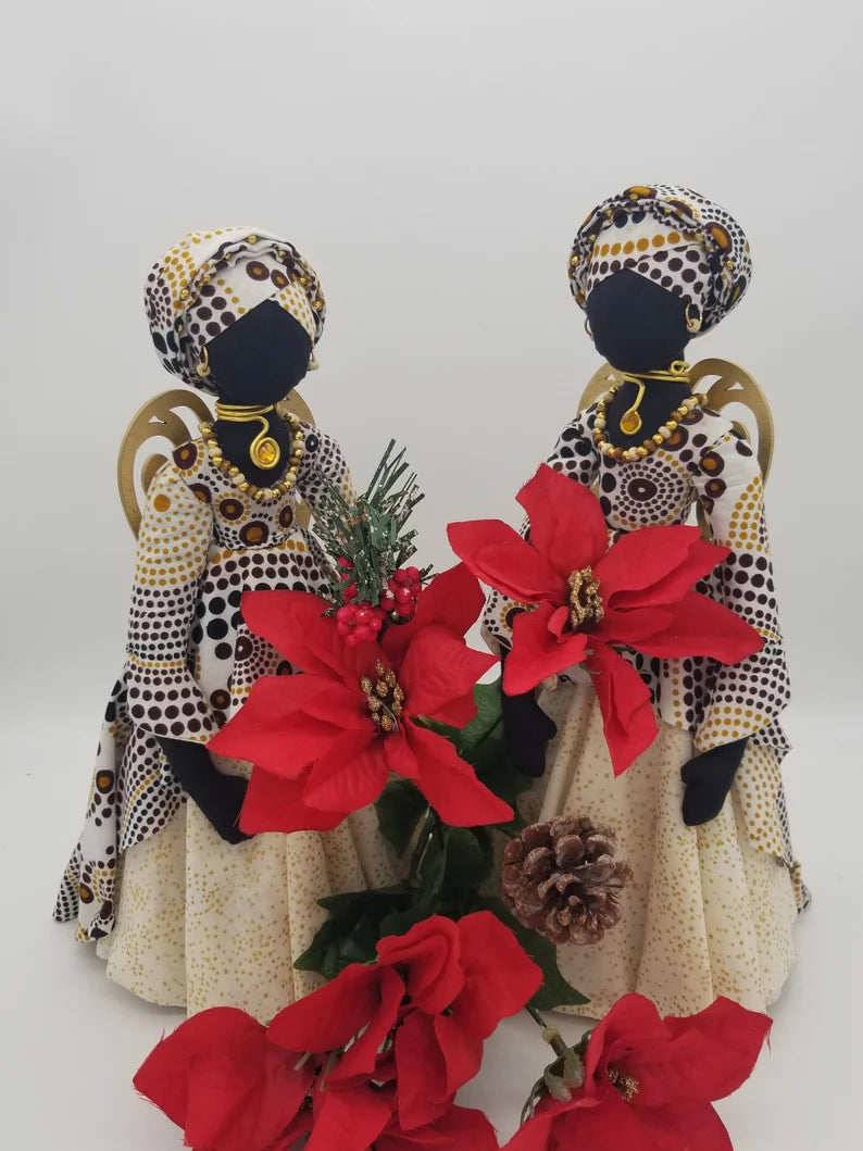 "HATIMA" Black Christmas Angel For Tree Top Or Kwanzaa with Earth Tone Natural Ornament Set - Auntie's Expo