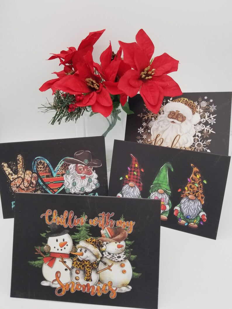 Black Christmas Cards 4 pc - 8 Pc Christmas Greeting Card Set With Black Santa And *Free Metallic Pen - Auntie's Expo