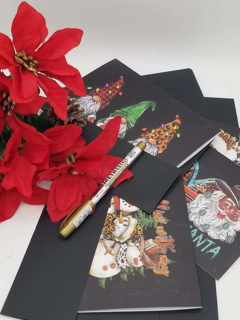 Black Christmas Cards 4 pc - 8 Pc Christmas Greeting Card Set With Black Santa And *Free Metallic Pen - Auntie's Expo