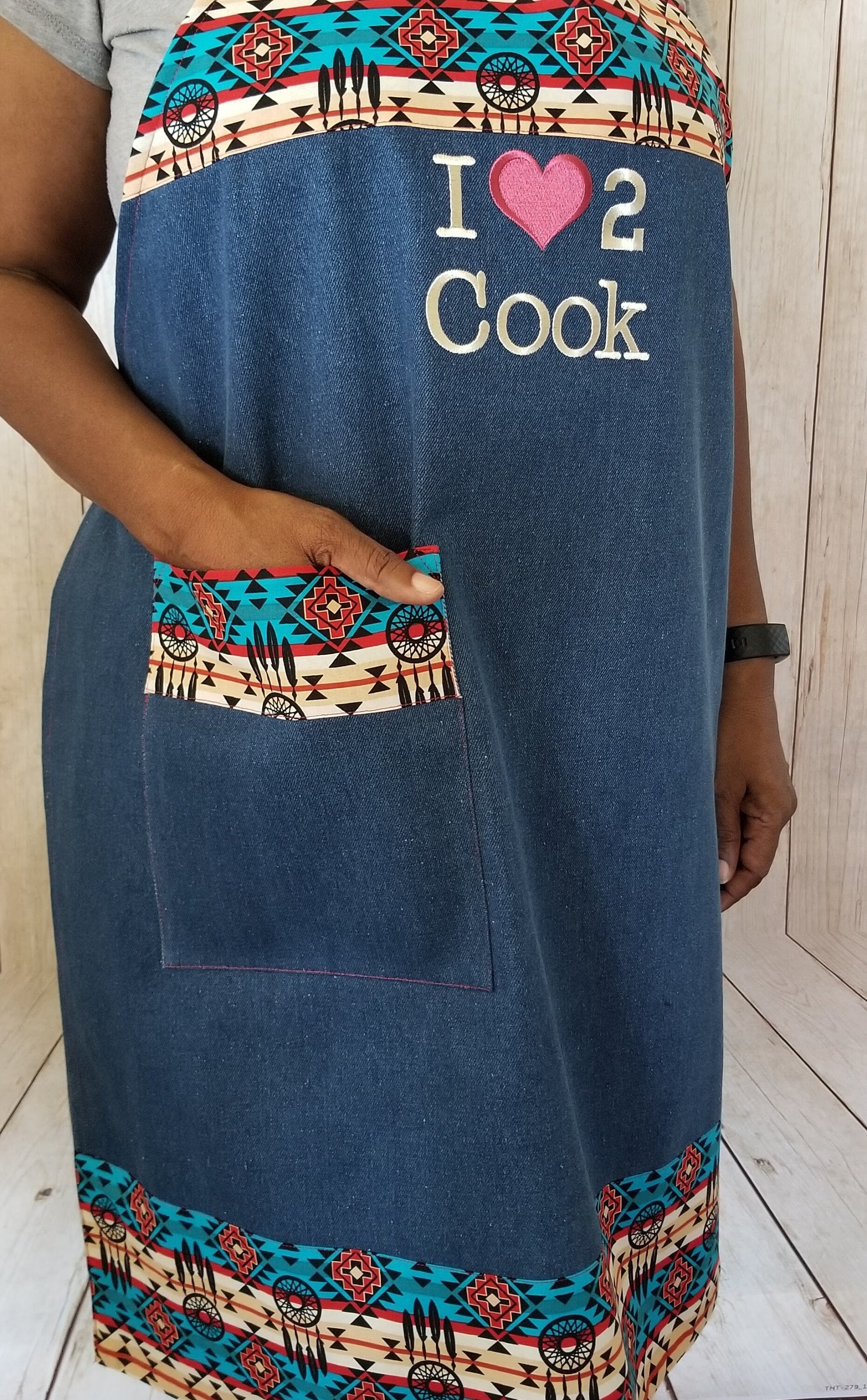 Denim Kitchen Apron - Handmade Jean Embroidered Apron With Southwest Trim - Auntie's Expo