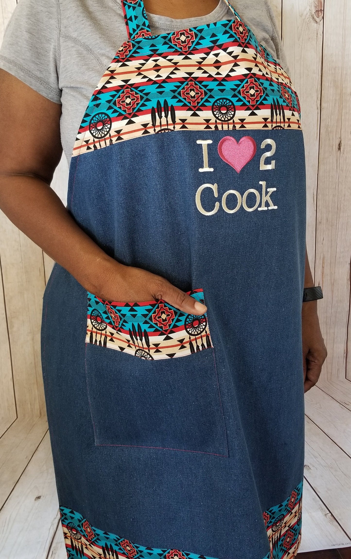 Denim Kitchen Apron - Handmade Jean Embroidered Apron With Southwest Trim - Auntie's Expo