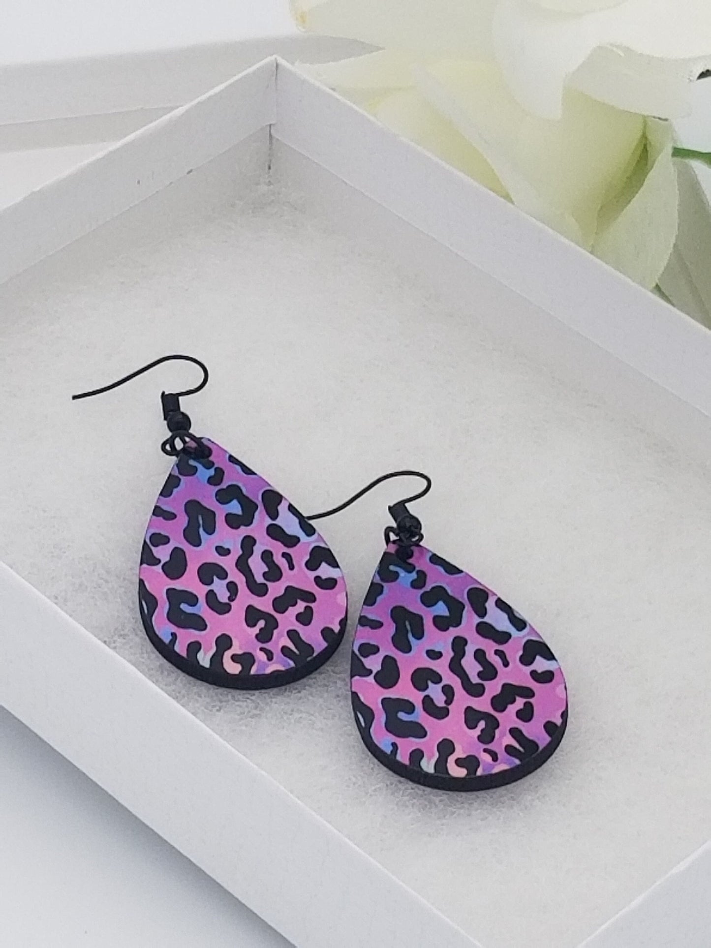 Leopard Print Earrings, Pink Leopard Jewelry- Teardrop Animal Print Earrings - Stocking Stuffers - Auntie's Expo