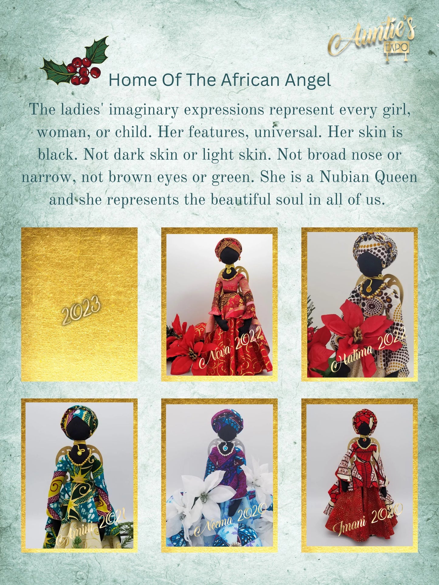 New! "NOVA" African American  Handmade Angel For Tree Top, Black Christmas Angel With Optional Kwanzaa Ornament Set - Auntie's Expo