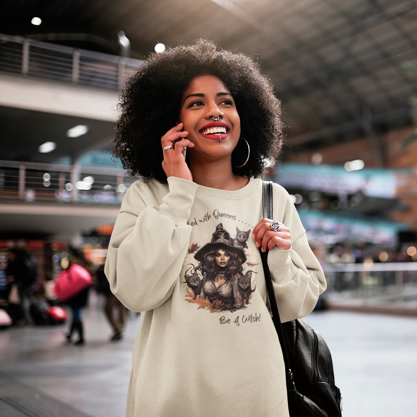 Beige Sweatshirt Funny Witch Crew Neck, Cute Fall Shirt, Plus Size Halloween, Pull Over Black Witch Halloween Sweatshirt, Spooky Sweatshirt