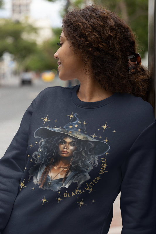 Navy Halloween, Pull Over Black Witch Magic Halloween Sweatshirt, Plus Size Sweatshirt, White Sweatshirt African American Witch Crew Neck