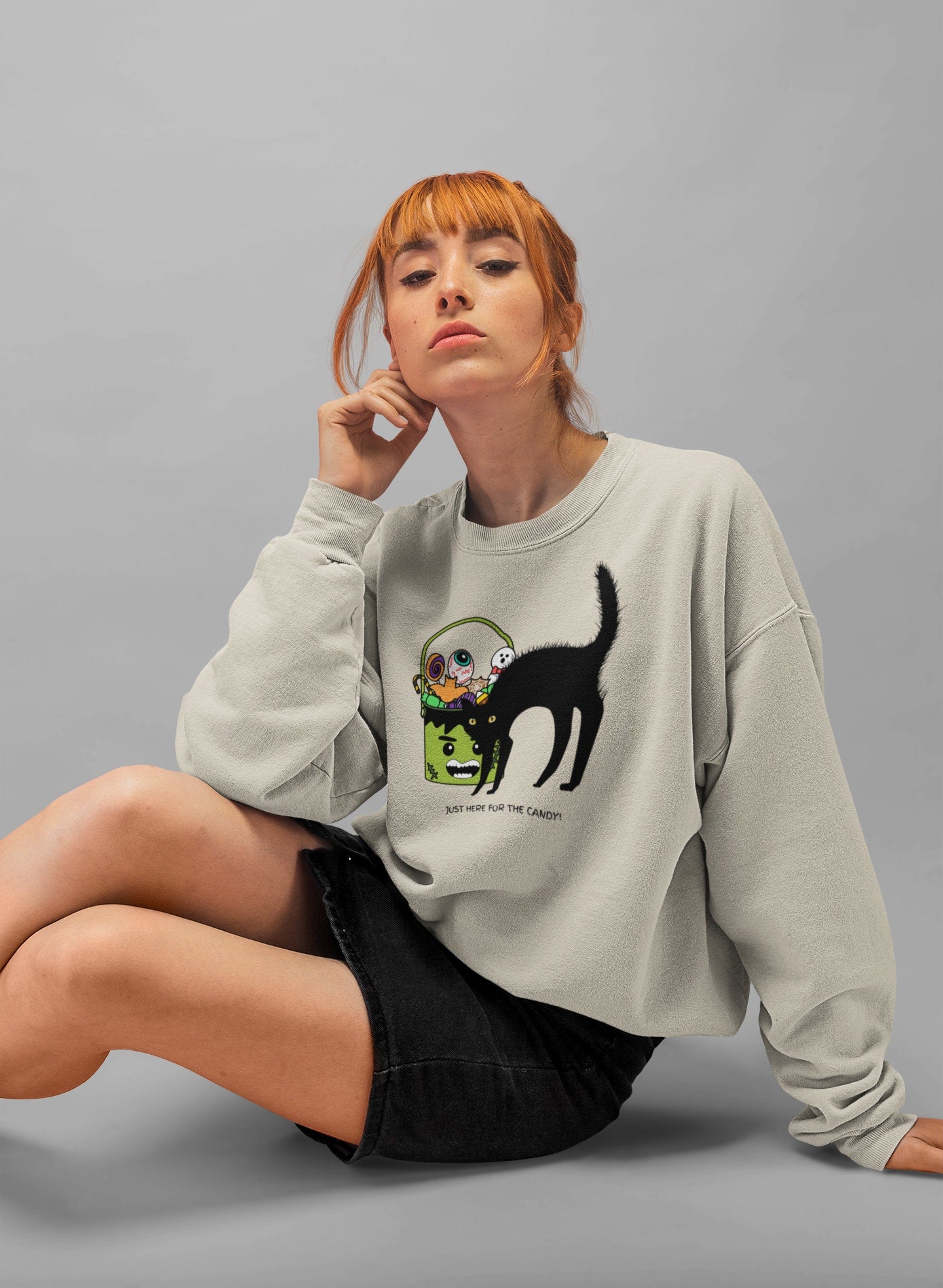 Halloween Cat Sweatshirt, Halloween Candy Pullover To Plus size Just Here For The Candy Shirt, Retro Halloween Crew Neck,  3x Fall Sweater