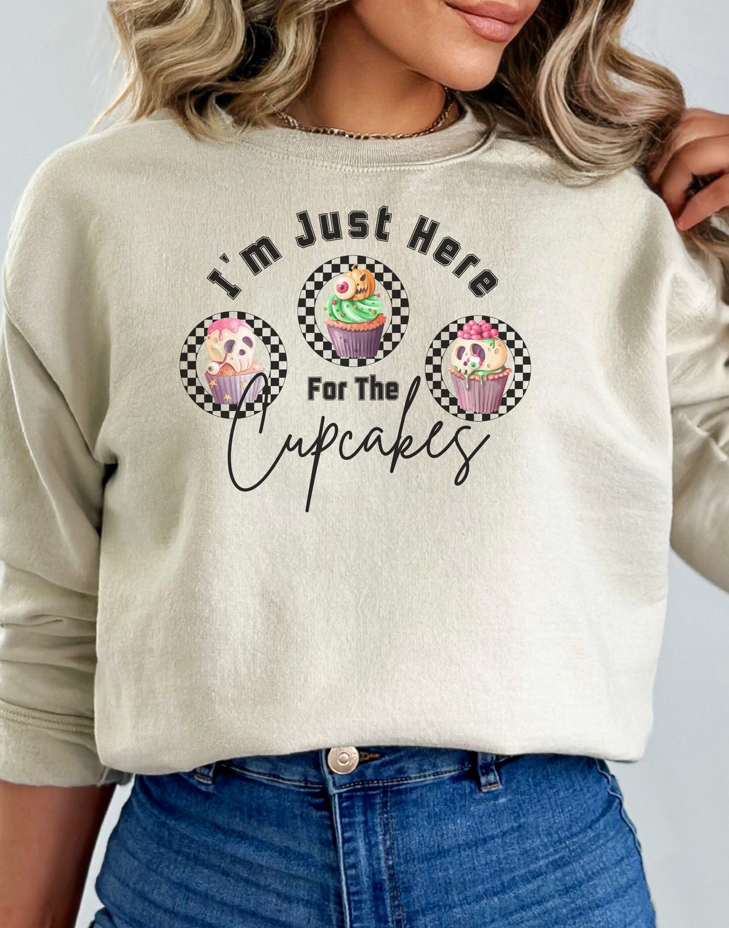 Cupcake Lovers Shirt, Black Halloween Cupcake Sweatshirt, Halloween Pullover To Plus size Retro Halloween Crew Neck,  Up To 3x Fall Sweater